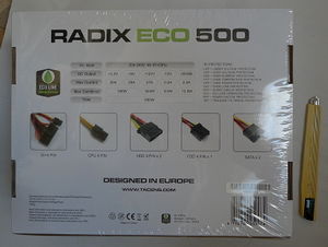 The back of the box lists the technical specifications and features for this ATX PSU.